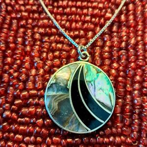 Vintage Sterling Abalone & Onyx Inlaid Medallion Necklace